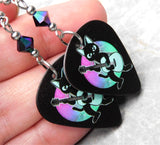 Black Cat Playing Acoustic Guitar - Guitar Pick Earrings with Jet Glacier Blue ABx2 Swarovski Crystals