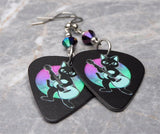 Black Cat Playing Acoustic Guitar - Guitar Pick Earrings with Jet Glacier Blue ABx2 Swarovski Crystals