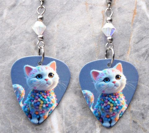 White Cat in an Adorable Sweater Guitar Pick Earrings with Clear ABx2 Swarovski Crystals