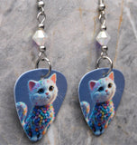 White Cat in an Adorable Sweater Guitar Pick Earrings with Clear ABx2 Swarovski Crystals