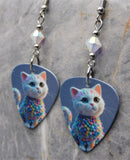 White Cat in an Adorable Sweater Guitar Pick Earrings with Clear ABx2 Swarovski Crystals