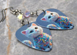 White Cat in an Adorable Sweater Guitar Pick Earrings with Clear ABx2 Swarovski Crystals