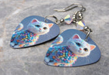 White Cat in an Adorable Sweater Guitar Pick Earrings with Clear ABx2 Swarovski Crystals
