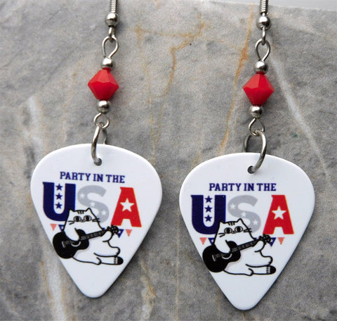 Party In the USA Cat Guitar Pick Earrings with Opaque Red Swarovski Crystals