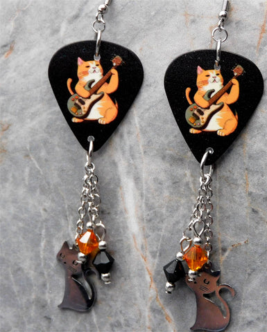 Orange Cat Guitar Pick Earrings with Stainless Steel Cat Charms and Swarovski Crystal Dangles