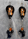 Orange Cat Guitar Pick Earrings with Stainless Steel Cat Charms and Swarovski Crystal Dangles