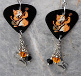 Orange Cat Guitar Pick Earrings with Stainless Steel Cat Charms and Swarovski Crystal Dangles