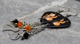 Orange Cat Guitar Pick Earrings with Stainless Steel Cat Charms and Swarovski Crystal Dangles
