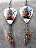 Black Cat Playing Electric Guitar Color Splat Guitar Pick Earrings with Swarovski Crystal Dangles
