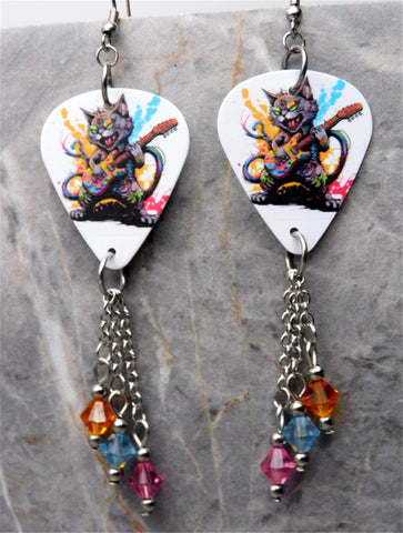 Black Cat Playing Electric Guitar Color Splat Guitar Pick Earrings with Swarovski Crystal Dangles
