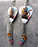 Black Cat Playing Electric Guitar Color Splat Guitar Pick Earrings with Swarovski Crystal Dangles