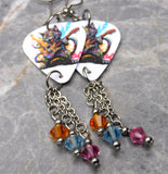 Black Cat Playing Electric Guitar Color Splat Guitar Pick Earrings with Swarovski Crystal Dangles