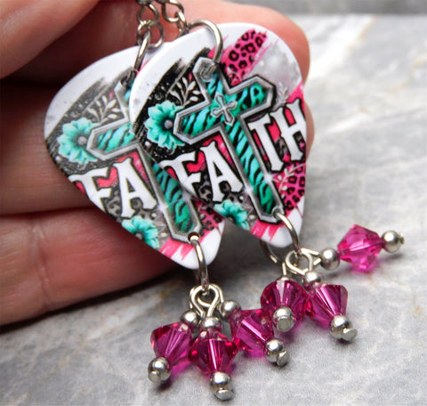 Southwestern Boutique Style Cross Guitar Pick Earrings with Fuchsia Swarovski Crystal Dangles
