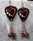 Paw Print and Heart Guitar Pick Earrings with "Love" Stainless Steel Charms and Swarovski Crystal Dangles
