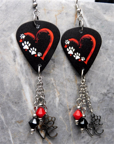Paw Print and Heart Guitar Pick Earrings with "Love" Stainless Steel Charms and Swarovski Crystal Dangles
