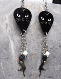 Black Cat Face Guitar Pick Earrings with Stainless Steel Cat Charm And Swarovski Crystal Dangles