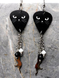 Black Cat Face Guitar Pick Earrings with Stainless Steel Cat Charm And Swarovski Crystal Dangles