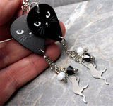 Black Cat Face Guitar Pick Earrings with Stainless Steel Cat Charm And Swarovski Crystal Dangles
