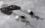 Black Cat Face Guitar Pick Earrings with Stainless Steel Cat Charm And Swarovski Crystal Dangles