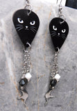 Black Cat Face Guitar Pick Earrings with Stainless Steel Cat Charm And Swarovski Crystal Dangles