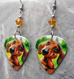 Cartoon Style Dachshund Guitar Pick Earrings with Topaz Swarovski Crystals