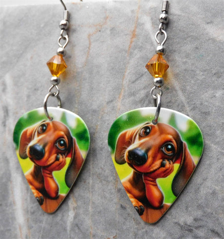 Cartoon Style Dachshund Guitar Pick Earrings with Topaz Swarovski Crystals