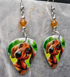 Cartoon Style Dachshund Guitar Pick Earrings with Topaz Swarovski Crystals