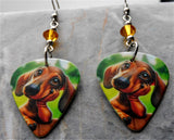 Cartoon Style Dachshund Guitar Pick Earrings with Topaz Swarovski Crystals