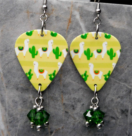 Llamas and Cacti Guitar Pick Earrings with Green Swarovski Crystal Dangles