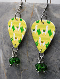 Llamas and Cacti Guitar Pick Earrings with Green Swarovski Crystal Dangles