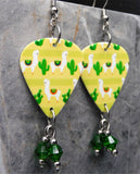 Llamas and Cacti Guitar Pick Earrings with Green Swarovski Crystal Dangles