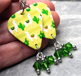 Llamas and Cacti Guitar Pick Earrings with Green Swarovski Crystal Dangles