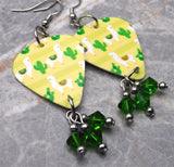 Llamas and Cacti Guitar Pick Earrings with Green Swarovski Crystal Dangles