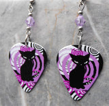 Art Deco Black Cat Guitar Pick Earrings with Violet Purple Swarovski Crystals
