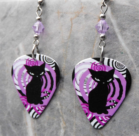 Art Deco Black Cat Guitar Pick Earrings with Violet Purple Swarovski Crystals