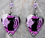 Art Deco Black Cat Guitar Pick Earrings with Violet Purple Swarovski Crystals