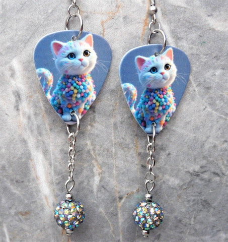 White Cat in an Adorable Sweater Guitar Pick Earrings with Gray ABx2 Pave Bead Dangles