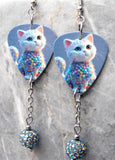 White Cat in an Adorable Sweater Guitar Pick Earrings with Gray ABx2 Pave Bead Dangles
