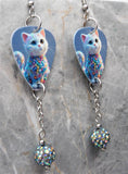 White Cat in an Adorable Sweater Guitar Pick Earrings with Gray ABx2 Pave Bead Dangles