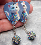 White Cat in an Adorable Sweater Guitar Pick Earrings with Gray ABx2 Pave Bead Dangles