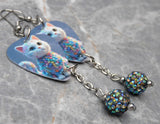 White Cat in an Adorable Sweater Guitar Pick Earrings with Gray ABx2 Pave Bead Dangles