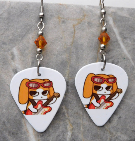 Electric Guitar Playing Dog Guitar Pick Earrings with Topaz Colored Swarovski Crystals