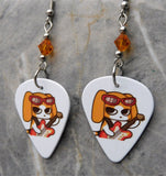 Electric Guitar Playing Dog Guitar Pick Earrings with Topaz Colored Swarovski Crystals