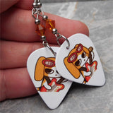Electric Guitar Playing Dog Guitar Pick Earrings with Topaz Colored Swarovski Crystals