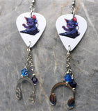 DJ Black Cat Scratching a Record Guitar Pick Earrings with Stainless Steel Headphone Charms and Swarovski Crystal Dangles