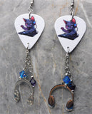 DJ Black Cat Scratching a Record Guitar Pick Earrings with Stainless Steel Headphone Charms and Swarovski Crystal Dangles
