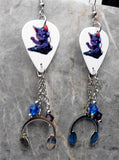 DJ Black Cat Scratching a Record Guitar Pick Earrings with Stainless Steel Headphone Charms and Swarovski Crystal Dangles