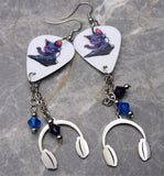 DJ Black Cat Scratching a Record Guitar Pick Earrings with Stainless Steel Headphone Charms and Swarovski Crystal Dangles