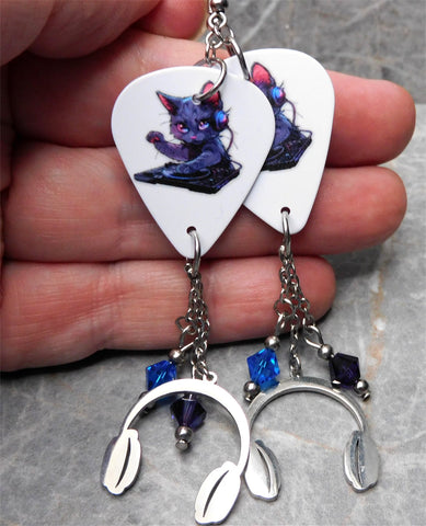 DJ Black Cat Scratching a Record Guitar Pick Earrings with Stainless Steel Headphone Charms and Swarovski Crystal Dangles