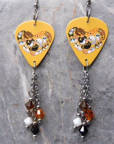 Cats in a Heart Guitar Pick Earrings with Swarovski Crystal Dangles